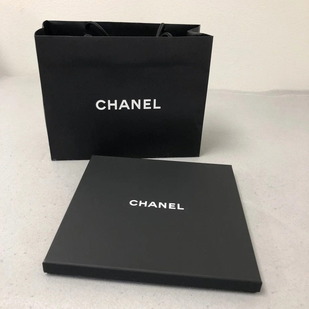 Chanel Gift Box Shopping Bag‎ Gift Set 9.5x9.5x1 Black Logo Tweed Ribbon